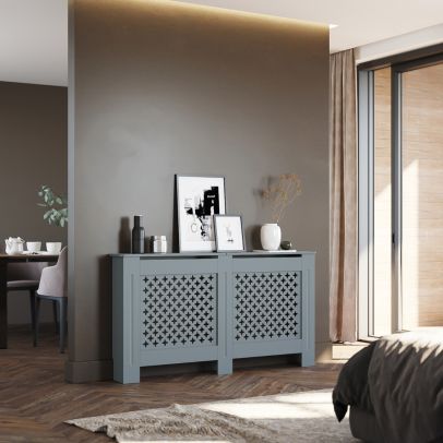 ELEGANT Grey 1520mm Cross Grille Radiator Cover Traditional 3 Pattern Slatted Wood Decor