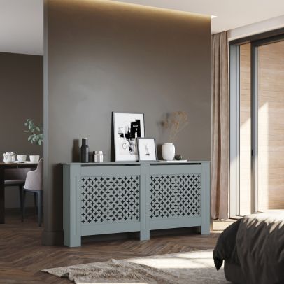 ELEGANT Grey 1720mm Cross Grille Radiator Cover Traditional 3 Pattern Slatted Wood Decor