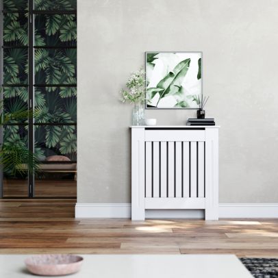 ELEGANT White 780mm Vertical Grille Radiator Cover Traditional 3 Pattern Slatted Wood Decor