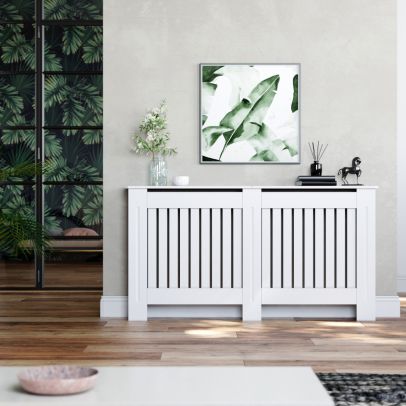 ELEGANT White 1520mm Vertical Grille Radiator Cover Traditional 3 Pattern Slatted Wood Decor