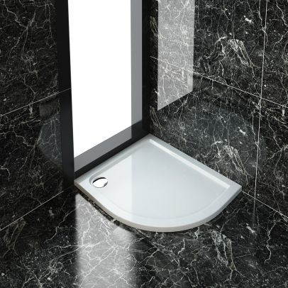 ELEGANT 900X800mm Ultra - Slim Stone Resin Offset Quadrant Right Hand Shower Tray + 90mm Waste