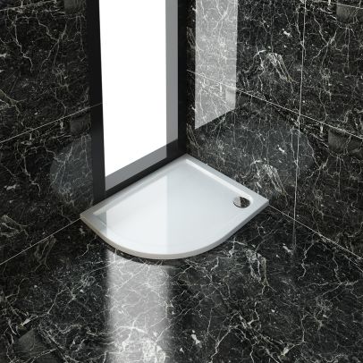 ELEGANT 1000X800mm Left Handed Ultra - Slim Stone Resin Offset Shower Tray + 90mm Waste