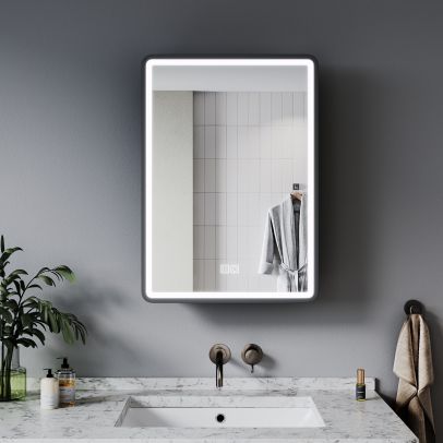 ELEGANT 500x700mm Illuminated Bathroom Mirror Cabinet with Shaver Socket Black