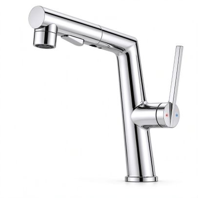 ELEGANT Round Pull Out Bathroom Tap | Solid Brass Waterway, Side Handle Dual Spray Chrome Tap