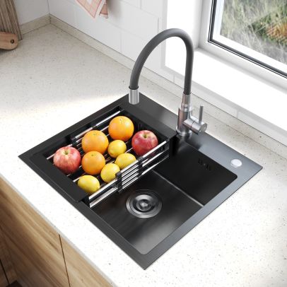 ELEGANT Black Diamond Nano 304 Steel Sink with Faucet & Basket, 500x450mm