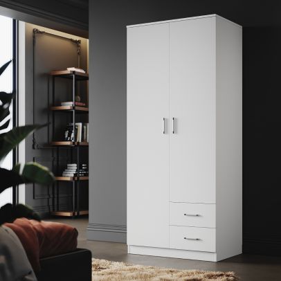 ELEGANT 2 Drawers 2 Doors White Free- Standing Wardrobe With Large Hanging Space