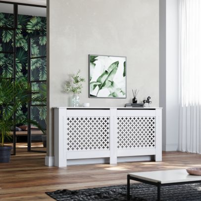ELEGANT White 1720mm Cross Grille Radiator Cover Traditional 3 Pattern Slatted Wood Decor
