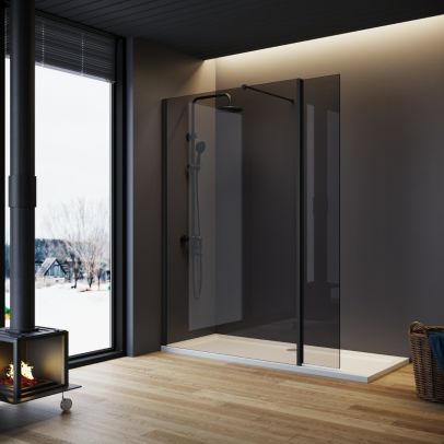 ELEGANT Black 1100mm 8mm Easy Clean Nano Glass Shower Panel + 300mm Flipper/Return Panel