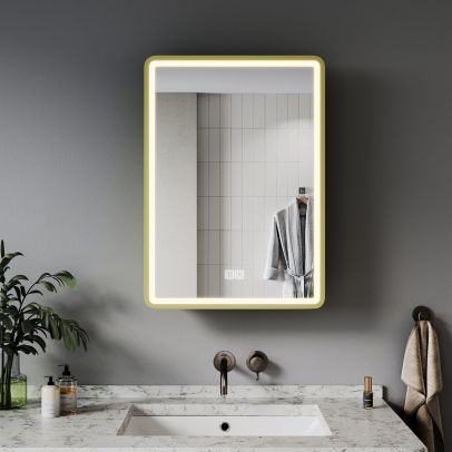 ELEGANT 500x700mm Illuminated Bathroom Mirror Cabinet with Shaver Socket Yellow