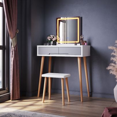 ELEGANT White Vanity Makeup Table Set with Adjustable LED Lights Square Mirror