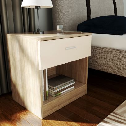 ELEGANT Cream & Oak Effect Bedside Cabinet Drawers