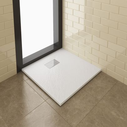 ELEGANT 800x800mm Slate Effect Chrome Grate Square Shower Tray + Waste