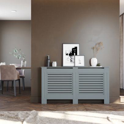 ELEGANT Grey 1520mm Horizontal Grille Radiator Cover Traditional 3 Pattern Slatted Wood Decor