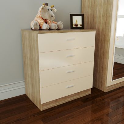 ELEGANT Cream And Oak Chest Of Drawers Modern High Gloss 4 spacious Drawers Unit