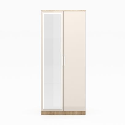 ELEGANT High Gloss Soft Close Cream And Oak Mirrored 2 Doors Wardrobe