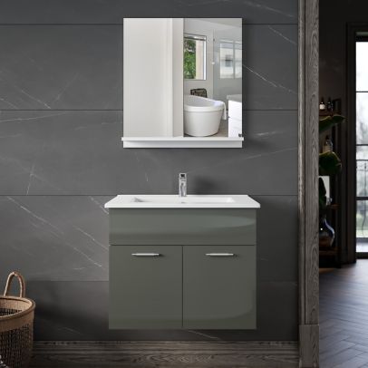 ELEGANT Bathroom Vanity Unit Basin Sink Storage Wall Hung Cabinet Gloss Grey
