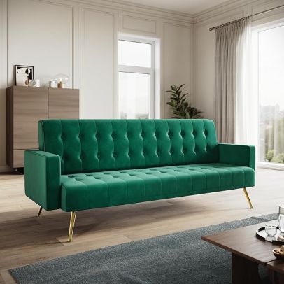 ELEGANT Green 3 Seater Velvet Sofa Bed with Square Armrest and Rose Gold Finish Legs