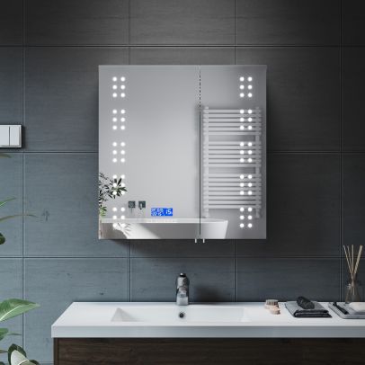 ELEGANT 630 x 650mm Illuminated Bathroom Mirror Cabinet with Bluetooth Speaker Stainless Steel 2 Door Shaver Socket Bathroom Wall Cabinets