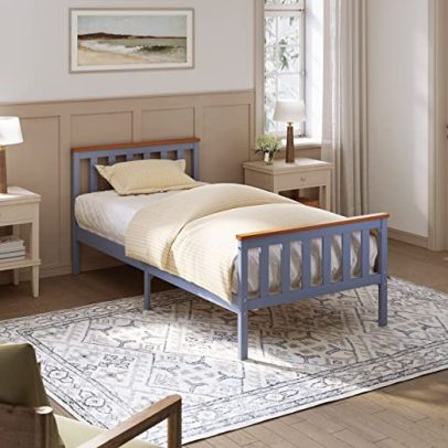 ELEGANT 90 x 190cm Single Grey Solid Wood Bed Frame with Slatted Headboard Bed Frame Bedroom Furniture