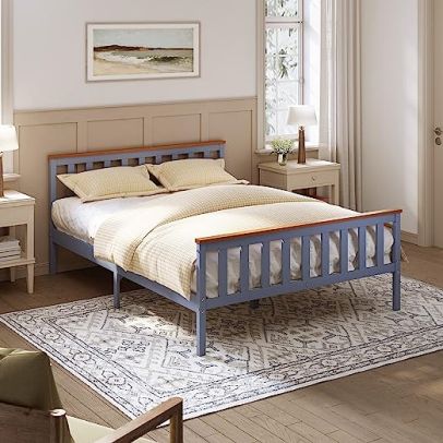 ELEGANT 137 x 190cm Double Grey Solid Wood Bed Frame with Slatted Headboard Bed Frame Bedroom Furniture