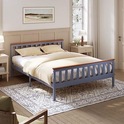ELEGANT 150 x 200cm Double Grey Solid Wood Bed Frame with Slatted Headboard Bed Frame Bedroom Furniture