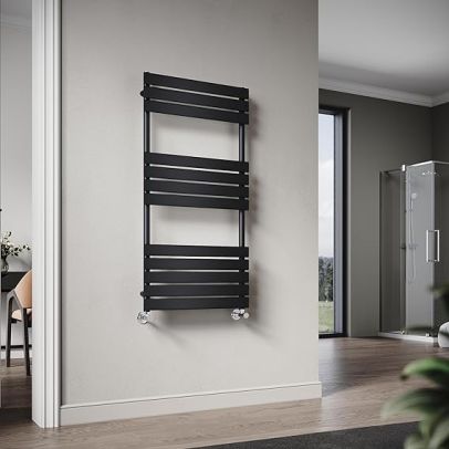 ELEGANT 1200 x 600 mm Heated Towel Rail Black Flat Panel Bathroom Ladder Radiator