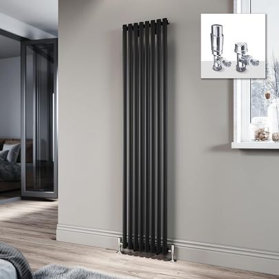 ELEGANT Black Vertical Radiator 1800x392mm Tall Upright Oval Column Single Panel Modern Central Heating