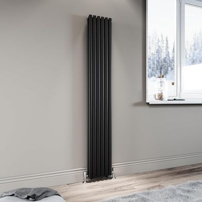 ELEGANT Black Vertical Radiator 1800x294mm Tall Upright Oval Column Double Panel Modern Central Heating