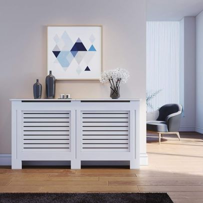 ELEGANT White 1520mm Horizontal Grille Radiator Cover Traditional 3 Pattern Slatted Wood Decor