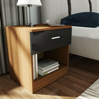 Elegant Malibu Gloss Black & Walnut Effect Bedside Cabinet
