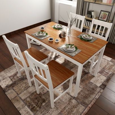 Elegant Contemporary 160cm Solid Wood White & Oak Effect Dining Table & 4 Chairs