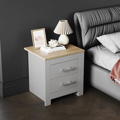 ELEGANT Grey Oak Bedside Cabinet Night Stand Storage Shelf with 2 Bin Drawers