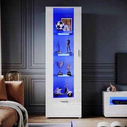 ELEGANT High Gloss Display Cabinet RGB LED Cupboard White Tall Storage Doors Sideboard