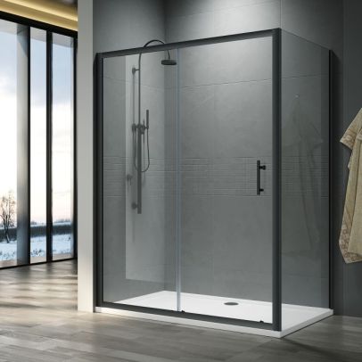 ELEGANT 1000mm x 900mm Custom Size Black Sliding Shower Enclosure 6mm Glass Reversible Cubicle Door Screen Panel + Side Panel