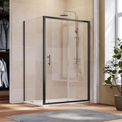 ELEGANT 1100mm x 7600mm Black Sliding Shower Enclosure 6mm Glass Reversible Cubicle Door Screen Panel + Side Panel