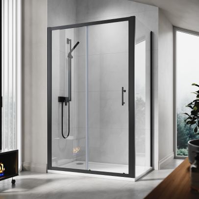 ELEGANT 1200 x 800mm Black Sliding Shower Enclosure 6mm Glass Reversible Cubicle Door Screen Panel With Side Panel