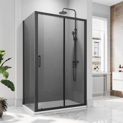 ELEGANT 1100 x 760mm Black Sliding Shower Door With Side Panel 8mm Easy Clean Nano Glass Shower Enclosure