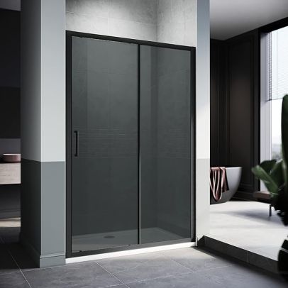ELEGANT 1400mm Black Sliding Shower Door With Side Panel 8mm Easy Clean Nano Glass Shower Enclosure