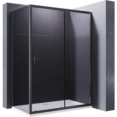 ELEGANT 1400 x 700mm Black Sliding Shower Door With Side Panel 8mm Easy Clean Nano Glass Shower Enclosure