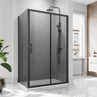 ELEGANT 1400 x 760mm Custom Size Black Sliding Shower Door With Side Panel 8mm Easy Clean Nano Glass Shower Enclosure