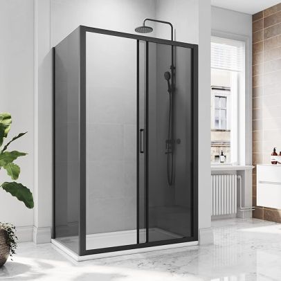 ELEGANT 1200 x 760mm Black Sliding Shower Door With Side Panel 8mm Easy Clean Nano Glass Shower Enclosure