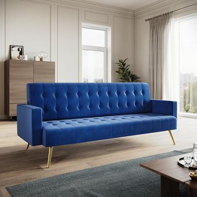 ELEGANT Blue 3 Seater Velvet Sofa Bed with Square Armrest and Rose Gold Finish Legs