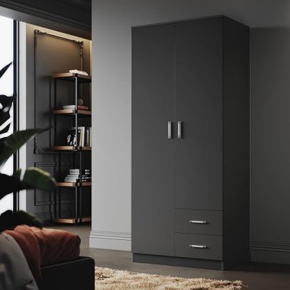 ELEGANT Wooden Wardrobe with Hanging Rail for Home Bedroom 2 Drawers Black