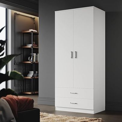 ELEGANT 2 Door Bedroom Wardrobes with Clothes Rail and Large Storage Unit White