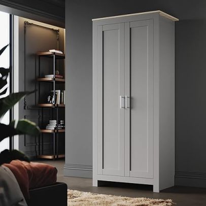 ELEGANT Modern Bedroom Wardrobe Unit 2 Door Wardrobes with Long Bar Grey Oak