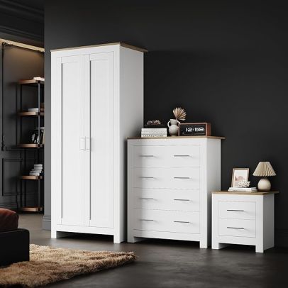 ELEGANT Cabinet Furniture Set 2 Door Bedroom Wardrobe and 4 Drawer Chest and Bedside Cabinet White/Oak