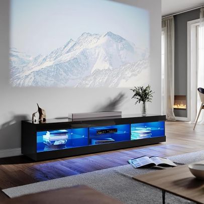 ELEGANT Black 180cm TV Stand Cabinet with 3 Open Glass Shelves and Drawers