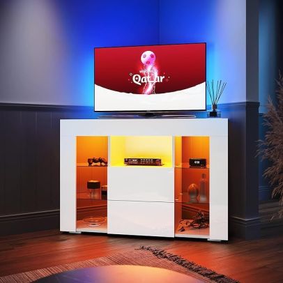 ELEGANT 1000mm Gloss White Modern Multi-Colour LED TV Unit Stand with Entertainment Cabinet