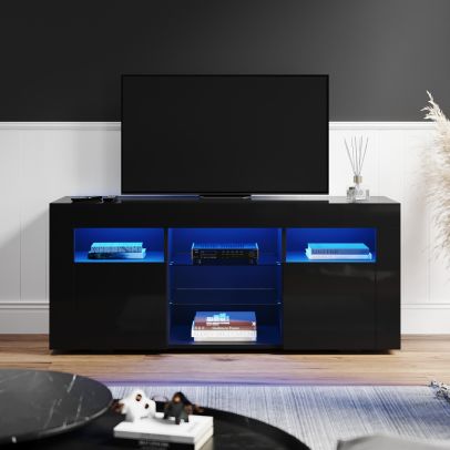 ELEGANT 1200mm Gloss Black Modern Multi-Colour LED TV Unit Stand with Entertainment Cabinet