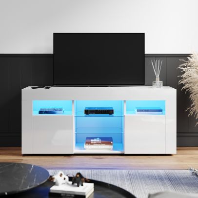 ELEGANT 1200mm Gloss White Modern Multi-Colour LED TV Unit Stand with Entertainment Cabinet